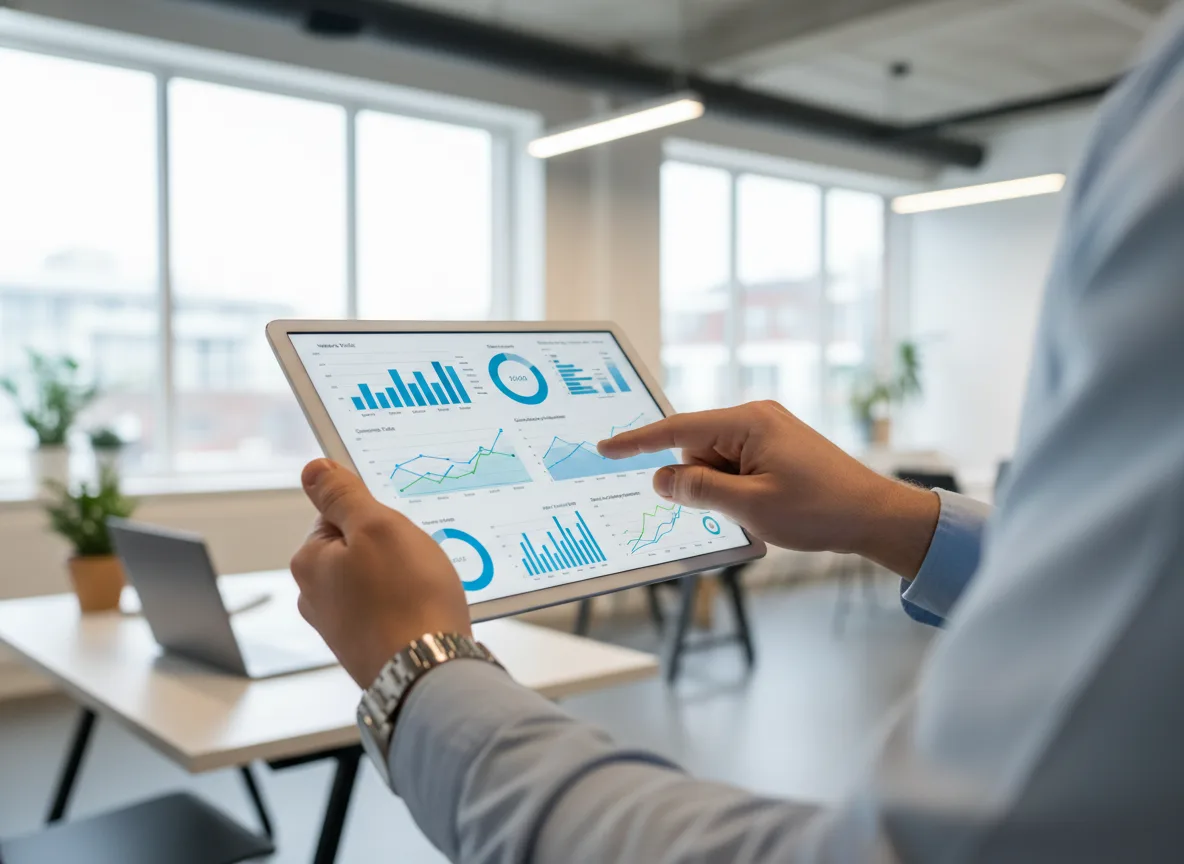 Pessoa analisando gráficos de desempenho em tablet em escritório moderno | Imagine Company - Agência de Marketing e Vendas em Goiânia - GO - BRASIL