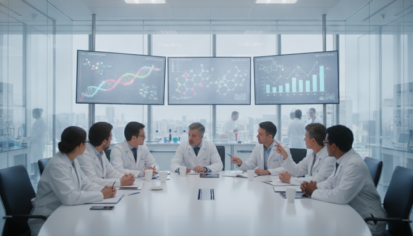 Cientistas em reunião analisando dados em laboratório | Imagine Company - Agência de Marketing e Vendas em Goiânia - GO - BRASIL