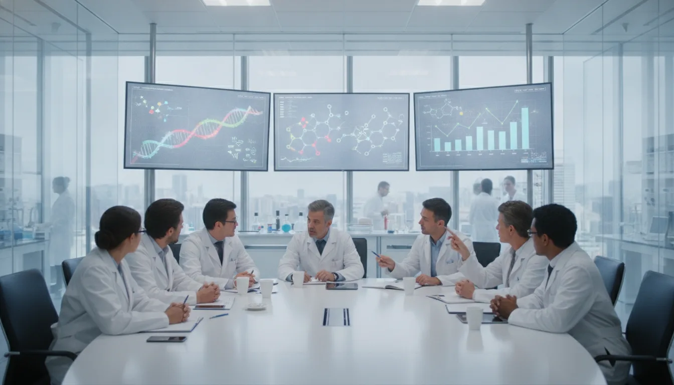 Cientistas em reunião analisando dados em laboratório | Imagine Company - Agência de Marketing e Vendas em Goiânia - GO - BRASIL