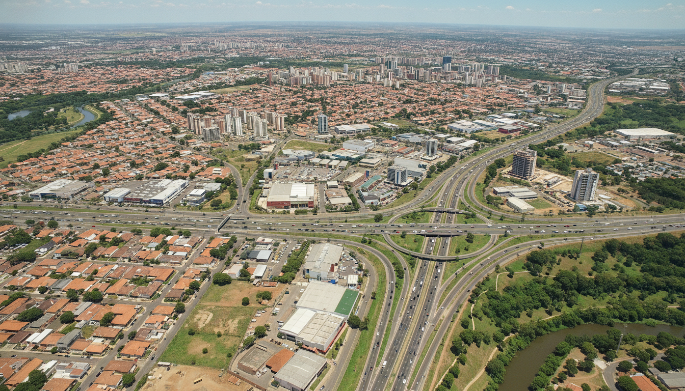 Imagem aérea de Aparecida mostrando áreas urbanas e rodovias | Imagine Company - Agência de Marketing e Vendas em Goiânia - GO - BRASIL