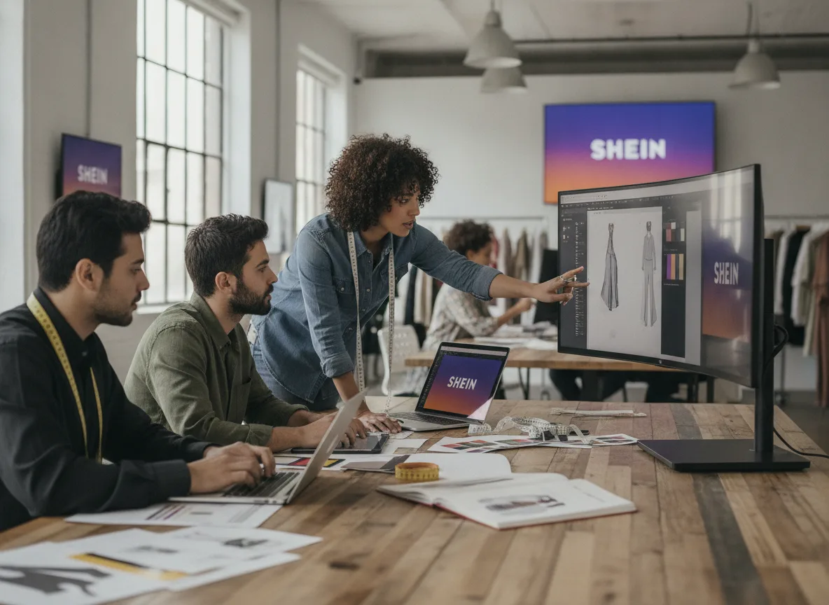Profissionais discutindo estratégias da Shein em frente a telas de computador em escritório | Imagine Company - Agência de Marketing e Vendas em Goiânia - GO - BRASIL