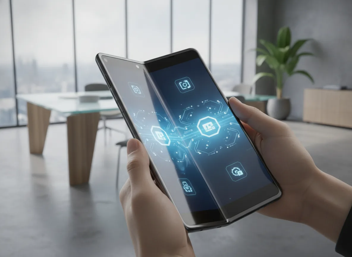 Pessoa segurando um smartphone dobrável em um escritório moderno. | Imagine Company - Agência de Marketing e Vendas em Goiânia - GO - BRASIL