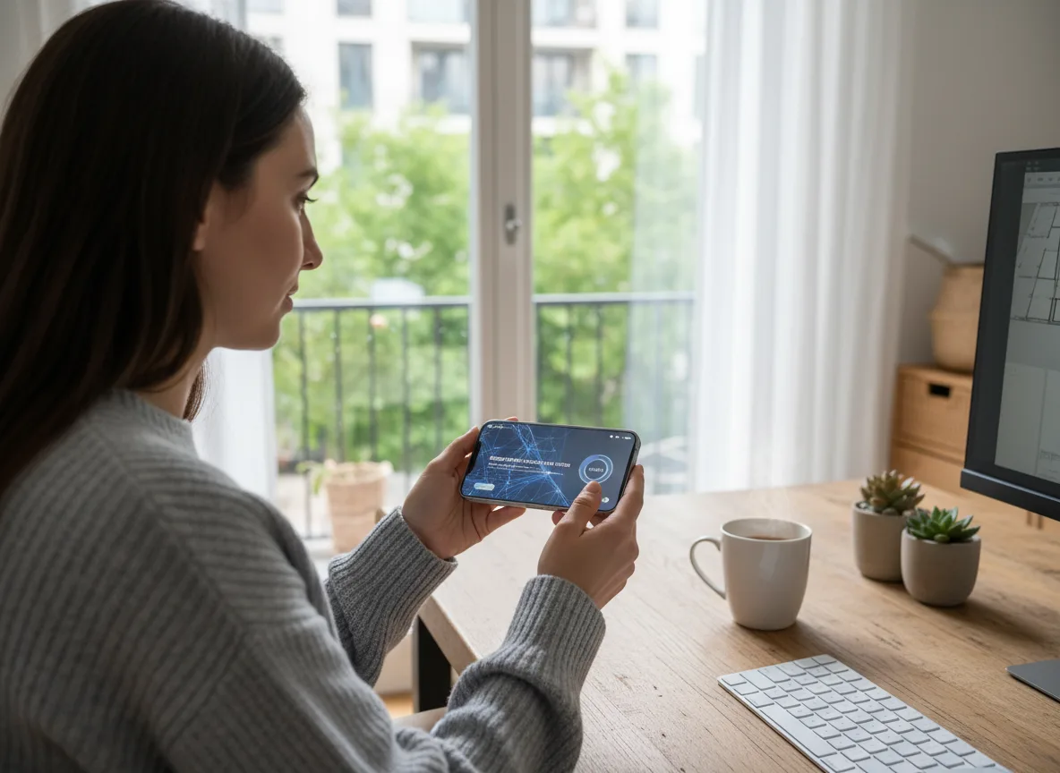 Mulher segurando smartphone em casa, simbolizando inovação tecnológica da Apple. | Imagine Company - Agência de Marketing e Vendas em Goiânia - GO - BRASIL