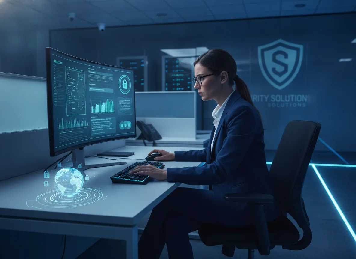 Mulher em escritório de segurança digital, analisando dados em monitor. | Imagine Company - Agência de Marketing e Vendas em Goiânia - GO - BRASIL