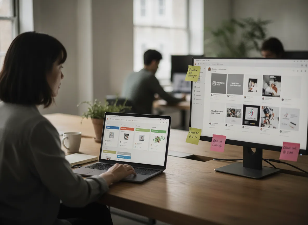 Mulher usando laptop e monitor para aprovar posts mLabs. | Imagine Company - Agência de Marketing e Vendas em Goiânia - GO - BRASIL