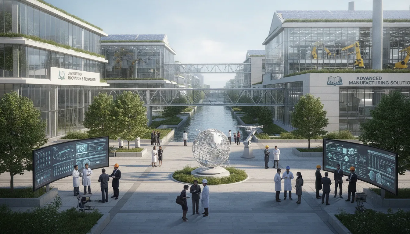 Imagem de campus com prédios modernos, cientistas e engenheiros colaborando | Imagine Company - Agência de Marketing e Vendas em Goiânia - GO - BRASIL