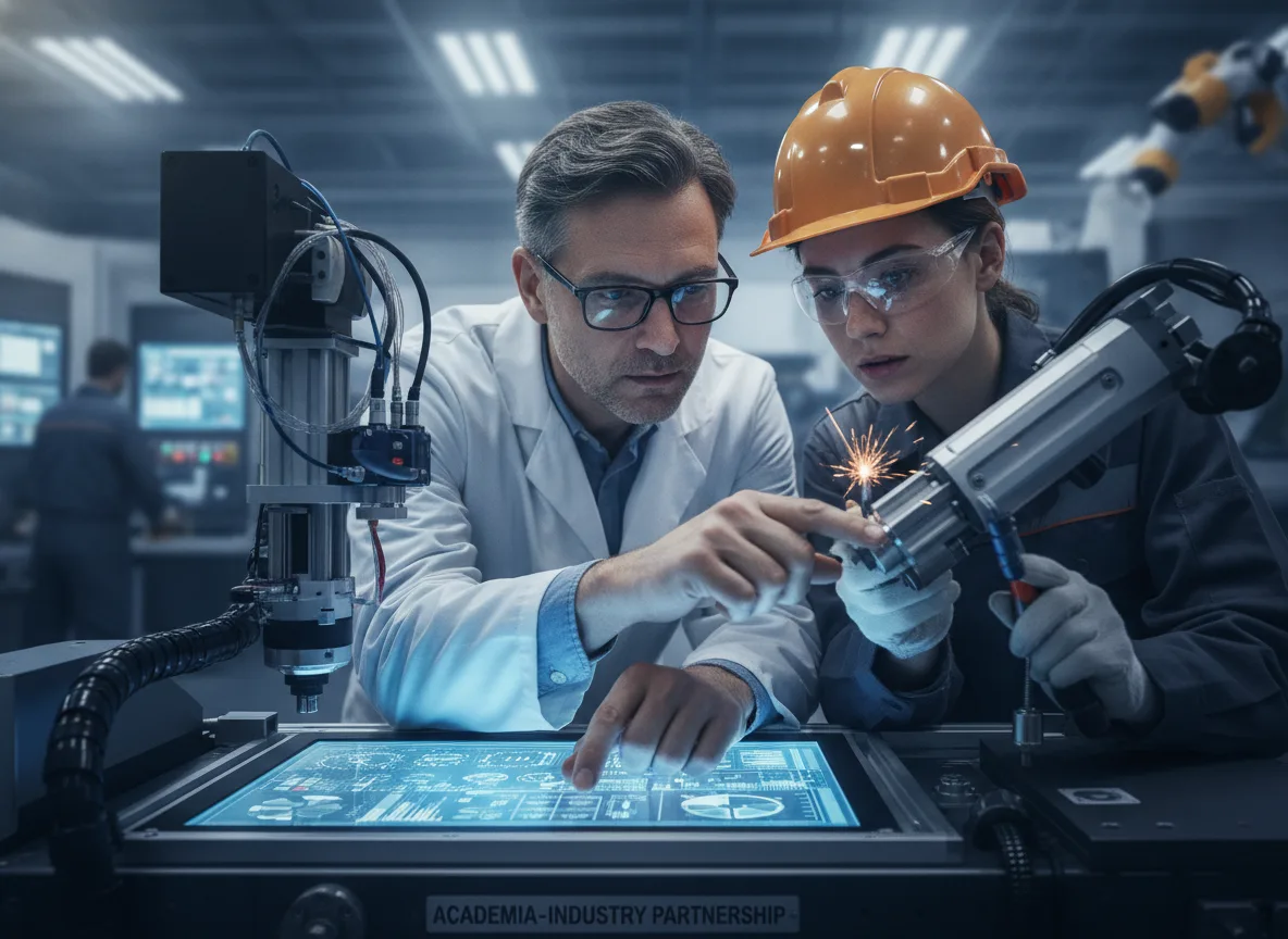 Professor e estudante analisam máquina em laboratório industrial | Imagine Company - Agência de Marketing e Vendas em Goiânia - GO - BRASIL