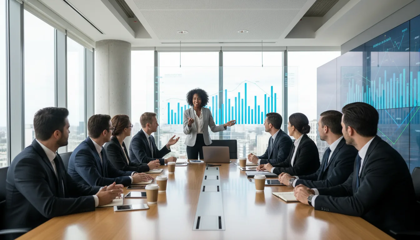 Profissional lidera reunião com gráficos de dados em sala de conferência. | Imagine Company - Agência de Marketing e Vendas em Goiânia - GO - BRASIL