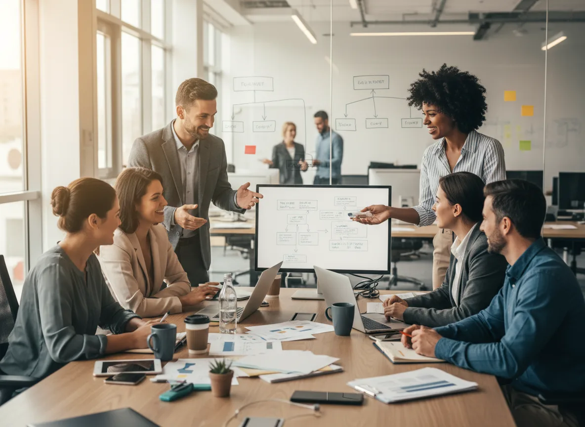 Pessoas em reunião de negócios em escritório moderno com tela de apresentação | Imagine Company - Agência de Marketing e Vendas em Goiânia - GO - BRASIL