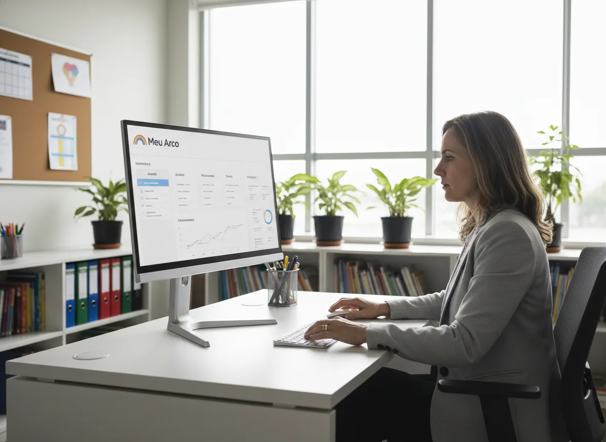 Mulher em escritório usando plataforma Arco Educação no computador | Imagine Company - Agência de Marketing e Vendas em Goiânia - GO - BRASIL