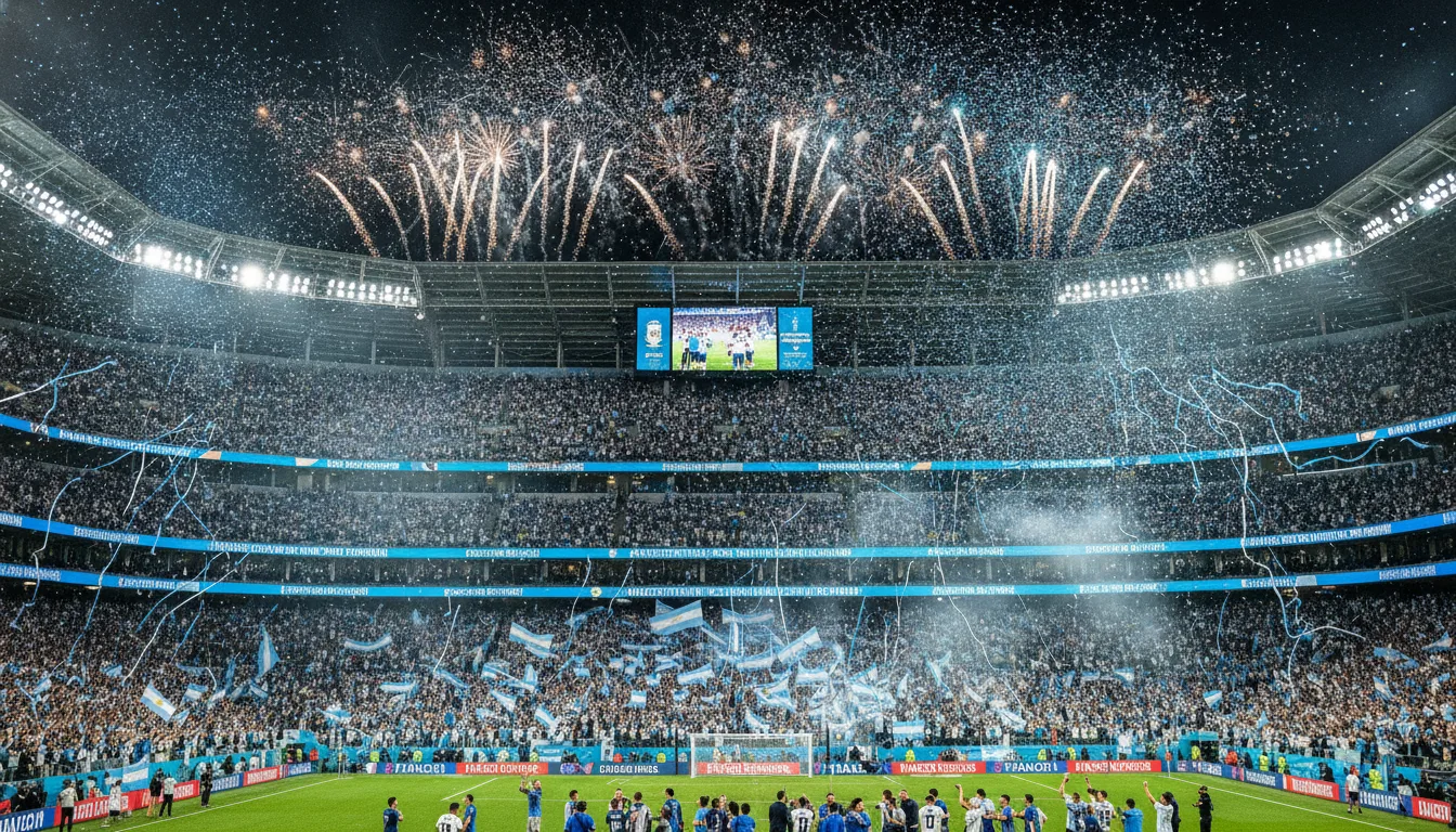 Estádio lotado com fogos de artifício e torcida argentina celebrando vitória | Imagine Company - Agência de Marketing e Vendas em Goiânia - GO - BRASIL