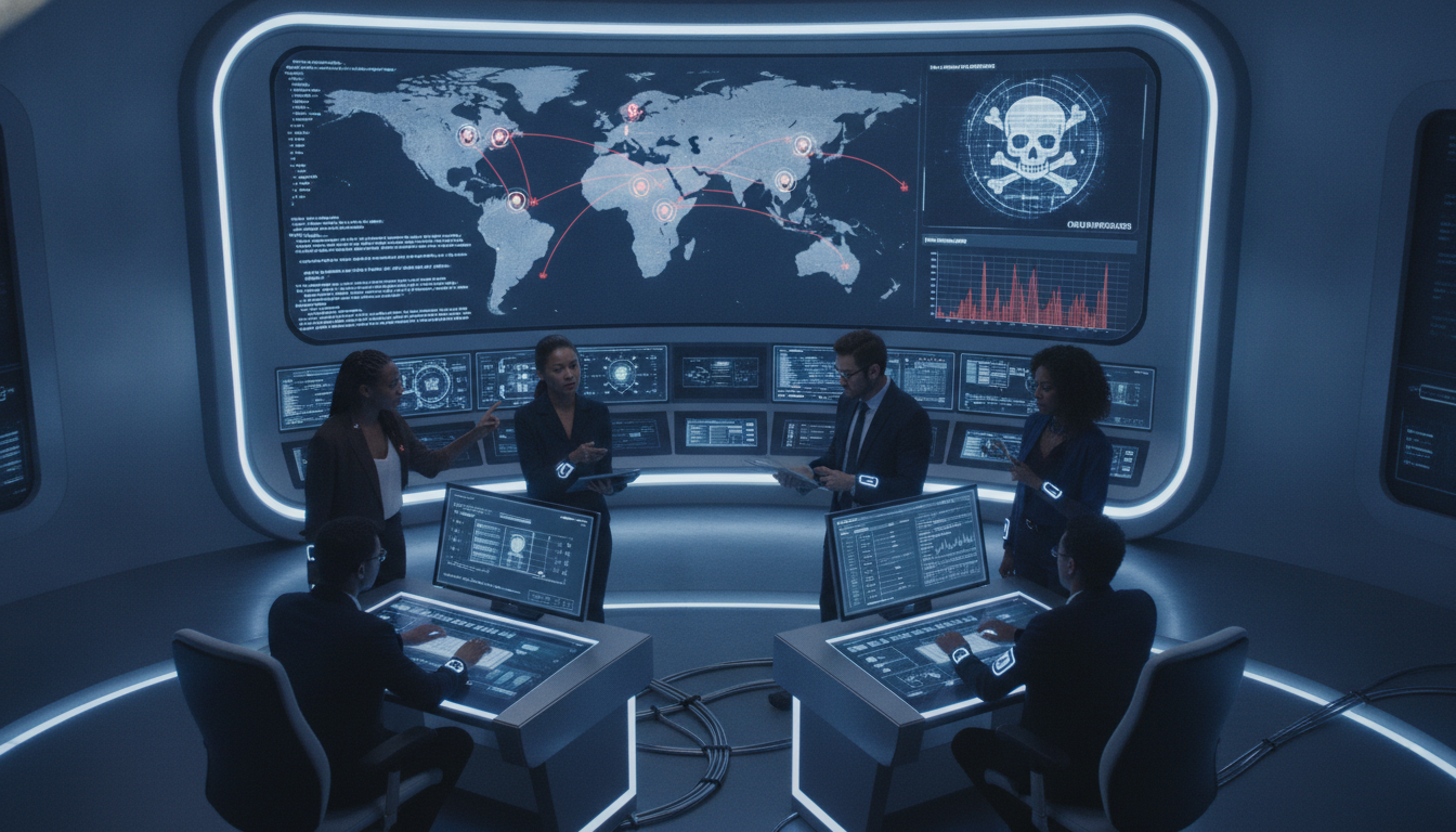 Sala de controle com mapa mundial e equipe analisando ataques cibernéticos | Imagine Company - Agência de Marketing e Vendas em Goiânia - GO - BRASIL