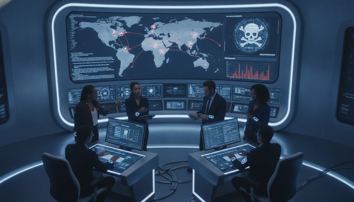 Sala de controle com mapa mundial e equipe analisando ataques cibernéticos | Imagine Company - Agência de Marketing e Vendas em Goiânia - GO - BRASIL