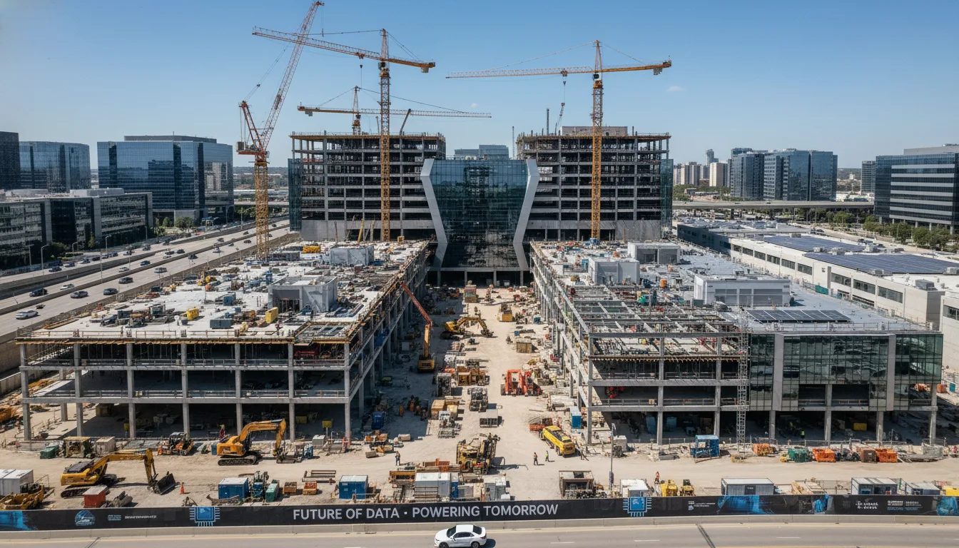 Vista aérea de construção de data center com guindastes e prédios ao fundo | Imagine Company - Agência de Marketing e Vendas em Goiânia - GO - BRASIL