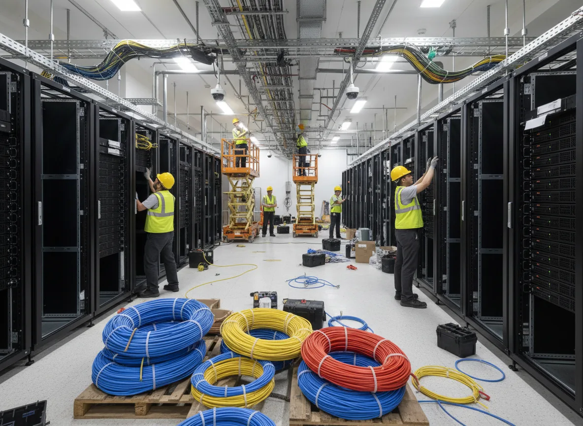 Trabalhadores em data center com cabos e equipamentos, enfrentando atrasos | Imagine Company - Agência de Marketing e Vendas em Goiânia - GO - BRASIL