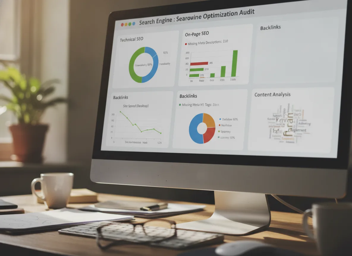 Computador exibindo gráficos de auditoria SEO, incluindo backlinks e análise de conteúdo. | Imagine Company - Agência de Marketing e Vendas em Goiânia - GO - BRASIL