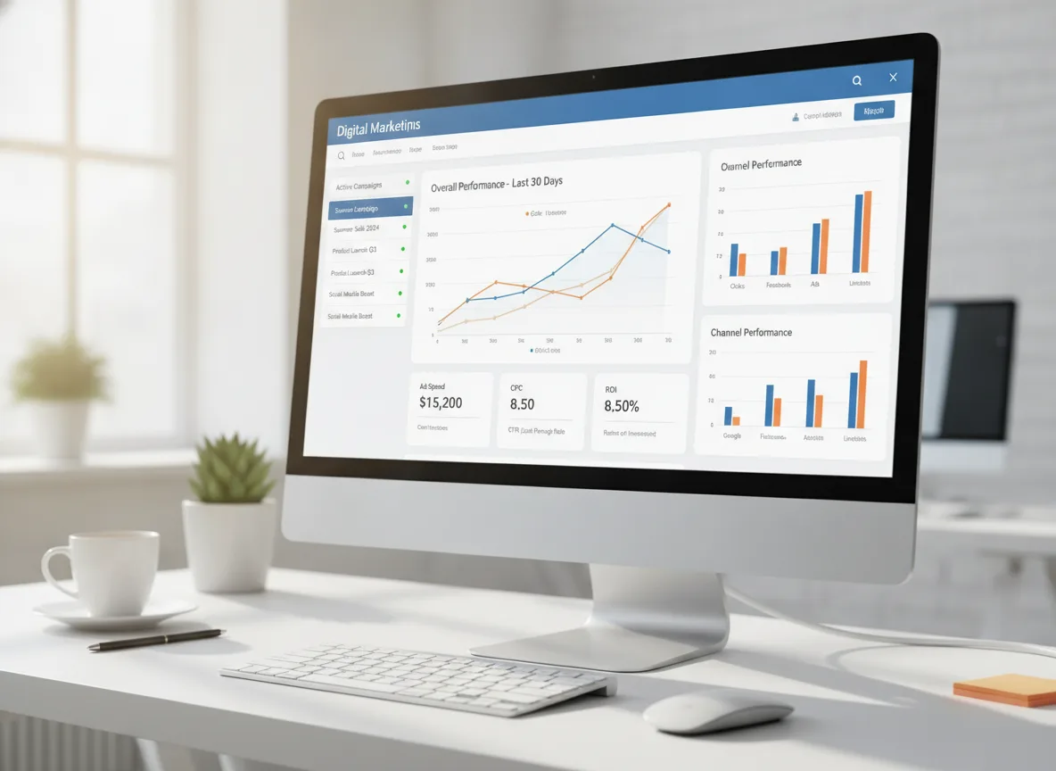 Computador exibindo gráficos de desempenho de marketing digital | Imagine Company - Agência de Marketing e Vendas em Goiânia - GO - BRASIL