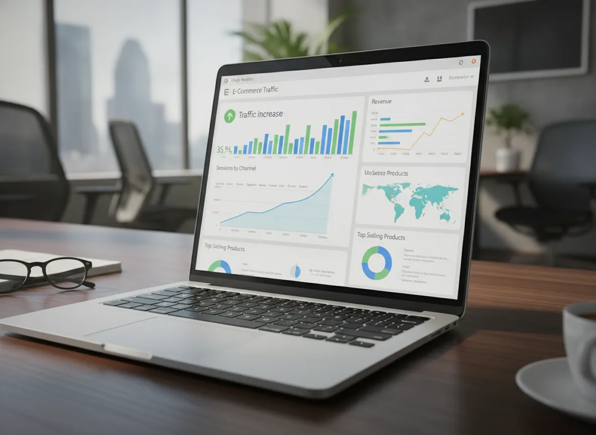 Laptop com gráficos de SEO e-commerce em um escritório moderno | Imagine Company - Agência de Marketing e Vendas em Goiânia - GO - BRASIL