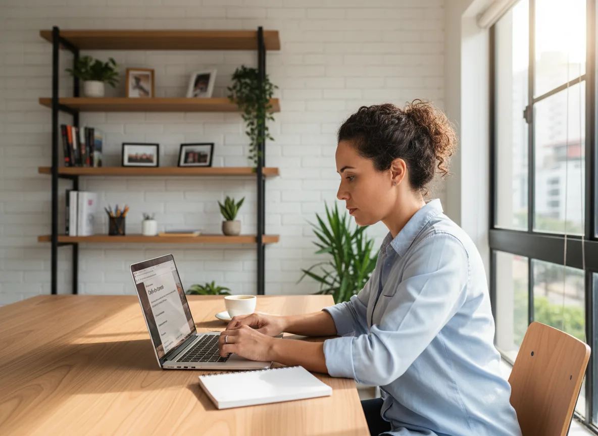 Mulher trabalhando em laptop em escritório moderno | Imagine Company - Agência de Marketing e Vendas em Goiânia - GO - BRASIL
