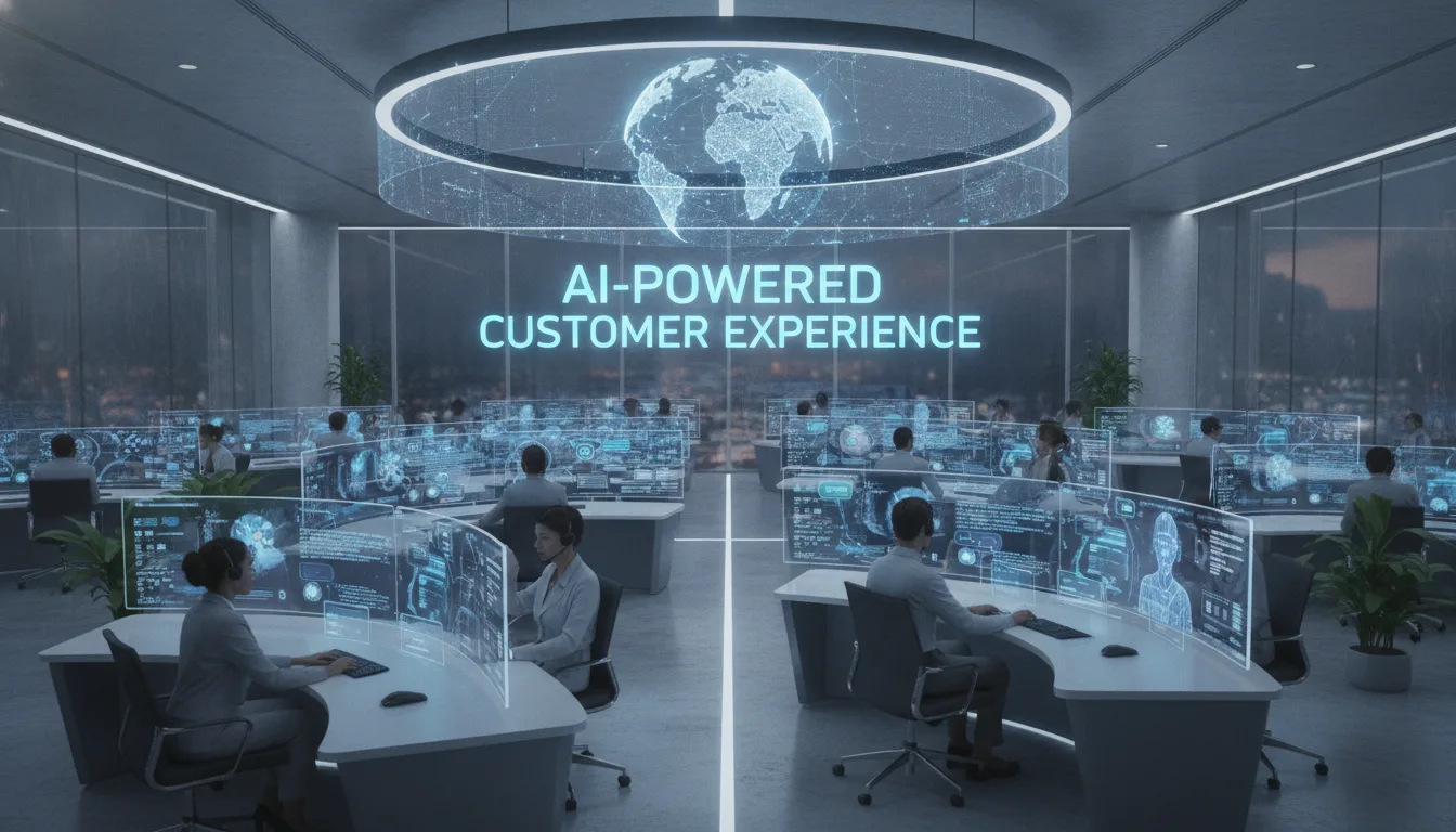 Sala moderna com atendentes e telas de IA para experiência do cliente | Imagine Company - Agência de Marketing e Vendas em Goiânia - GO - BRASIL