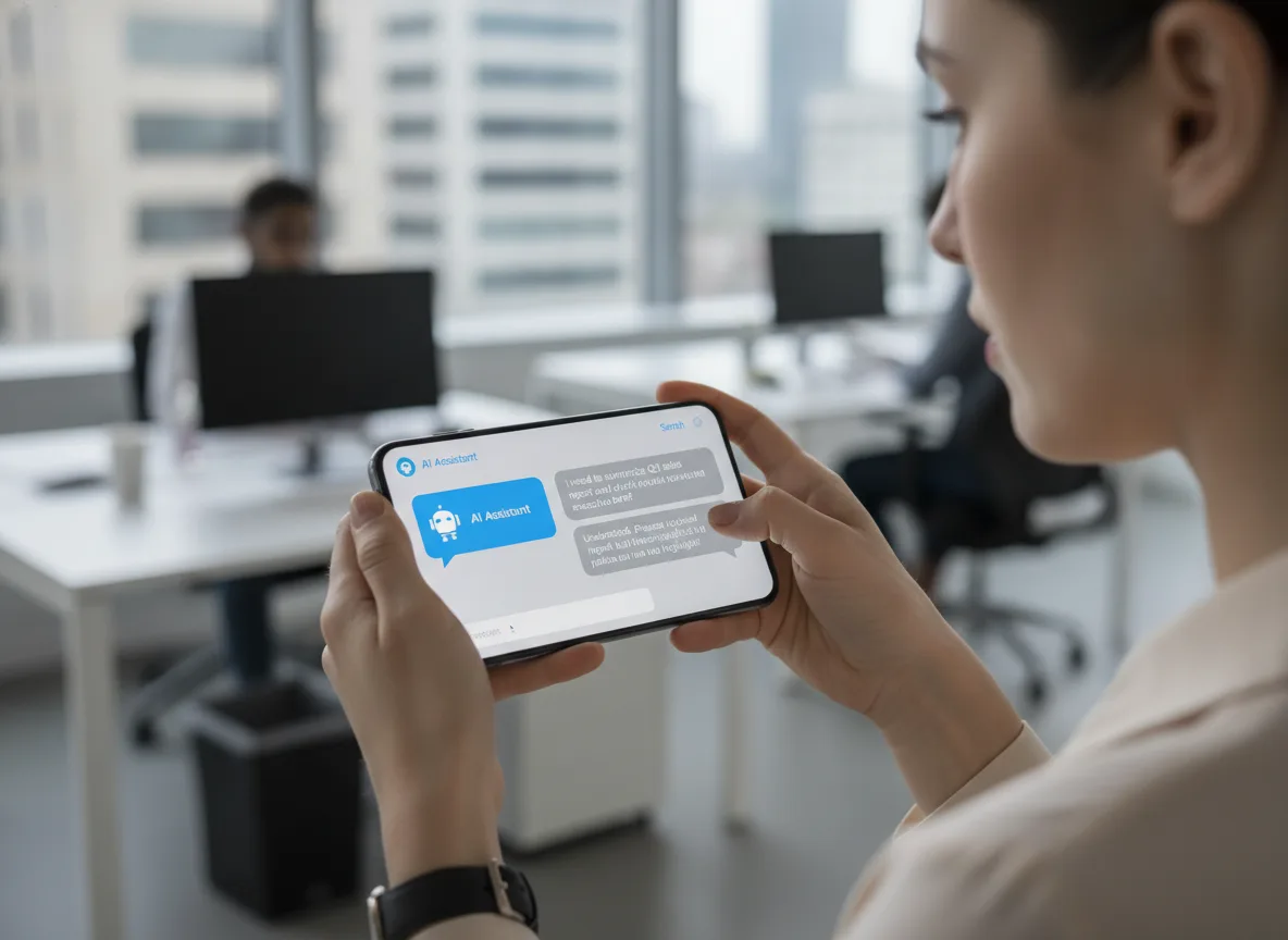 Mulher interagindo com assistente virtual em smartphone em escritório | Imagine Company - Agência de Marketing e Vendas em Goiânia - GO - BRASIL