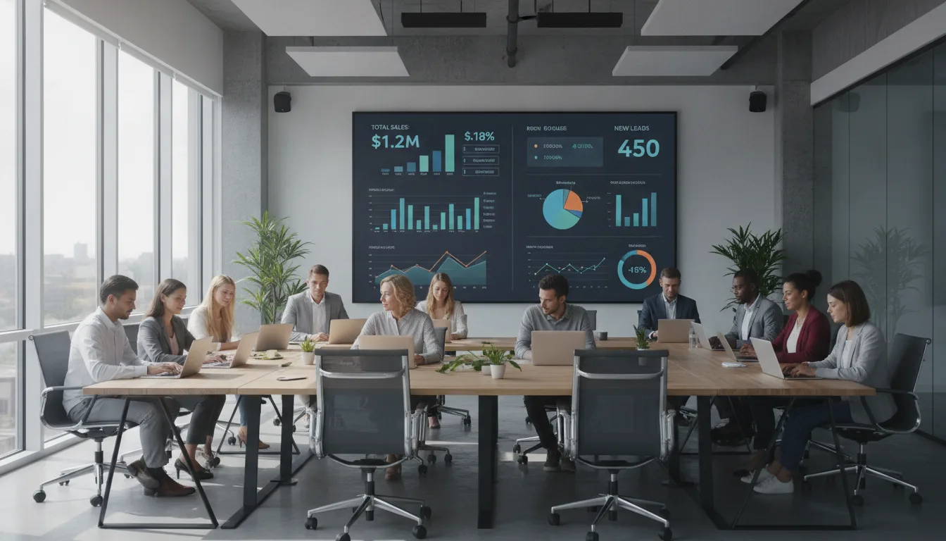 Sala de reunião com pessoas analisando gráficos de vendas em tela grande | Imagine Company - Agência de Marketing e Vendas em Goiânia - GO - BRASIL