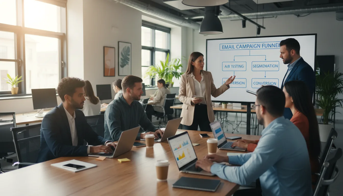 Profissionais em reunião sobre automação de e-mails em escritório | Imagine Company - Agência de Marketing e Vendas em Goiânia - GO - BRASIL