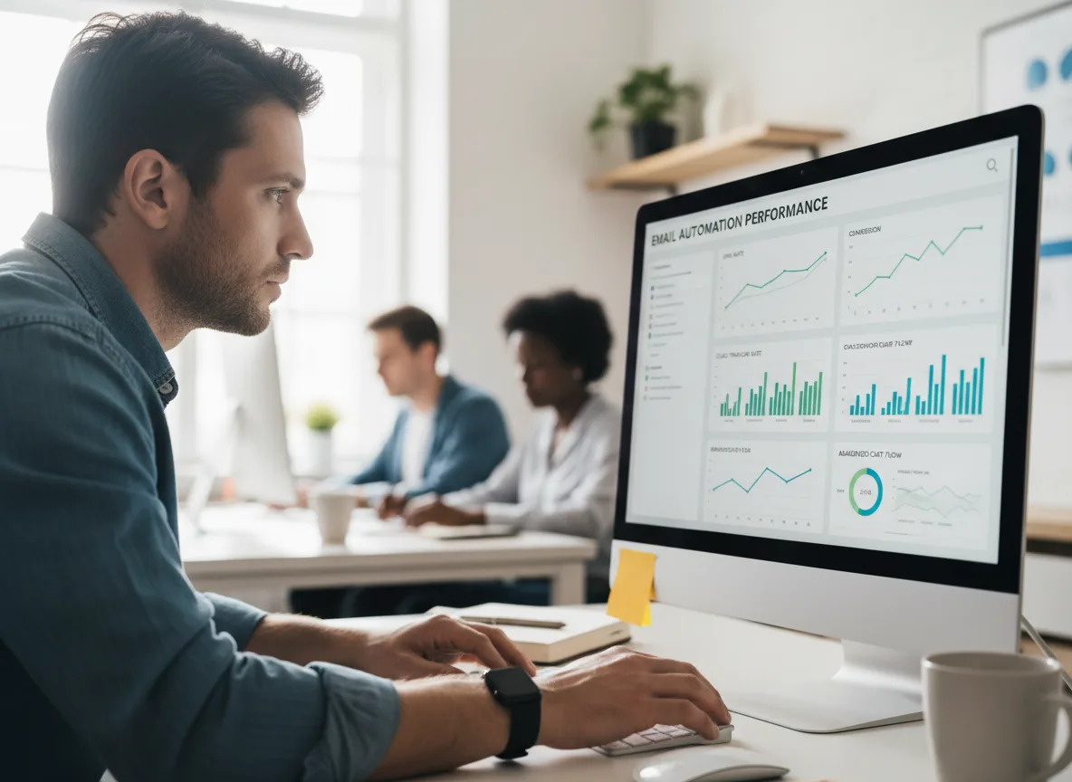 Homem analisando gráficos de desempenho de automação de e-mails em um computador | Imagine Company - Agência de Marketing e Vendas em Goiânia - GO - BRASIL