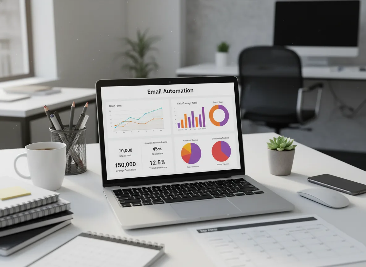 Laptop com gráficos de automação de e-mails em escritório moderno | Imagine Company - Agência de Marketing e Vendas em Goiânia - GO - BRASIL
