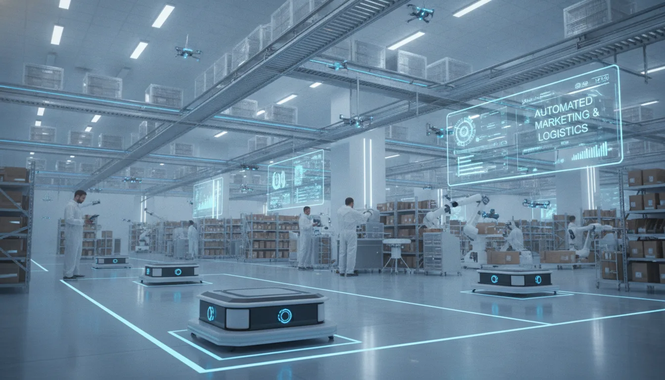 Imagem de um armazém automatizado com robôs e hologramas de marketing em um ambiente de e-commerce. | Imagine Company - Agência de Marketing e Vendas em Goiânia - GO - BRASIL