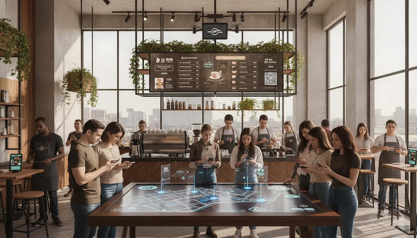Pessoas usando dispositivos em um café moderno com tecnologia de automação de marketing | Imagine Company - Agência de Marketing e Vendas em Goiânia - GO - BRASIL