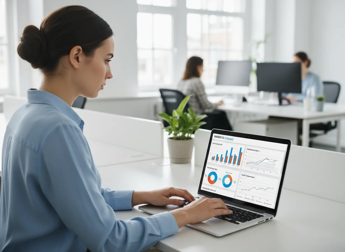 Mulher trabalhando em laptop com gráficos de marketing no escritório | Imagine Company - Agência de Marketing e Vendas em Goiânia - GO - BRASIL