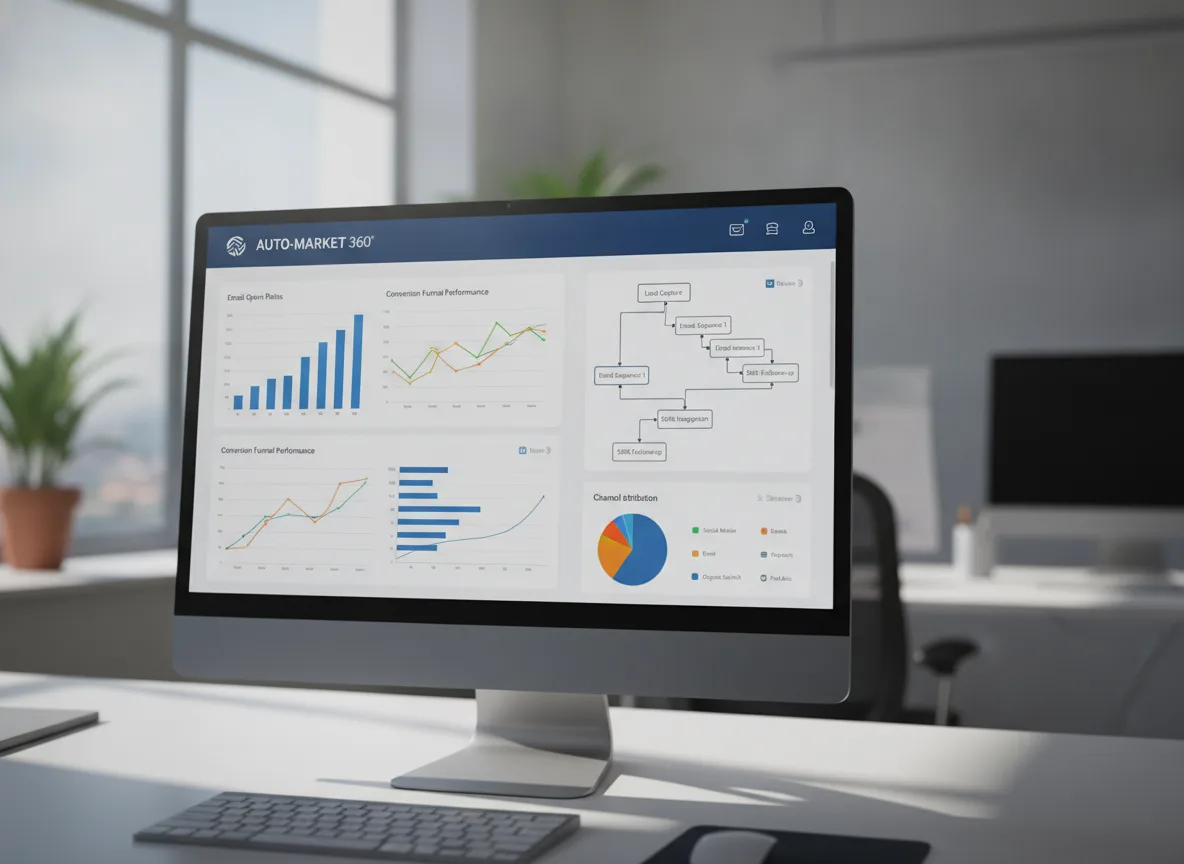 Computador exibindo dashboard de automação de marketing com gráficos e diagramas | Imagine Company - Agência de Marketing e Vendas em Goiânia - GO - BRASIL