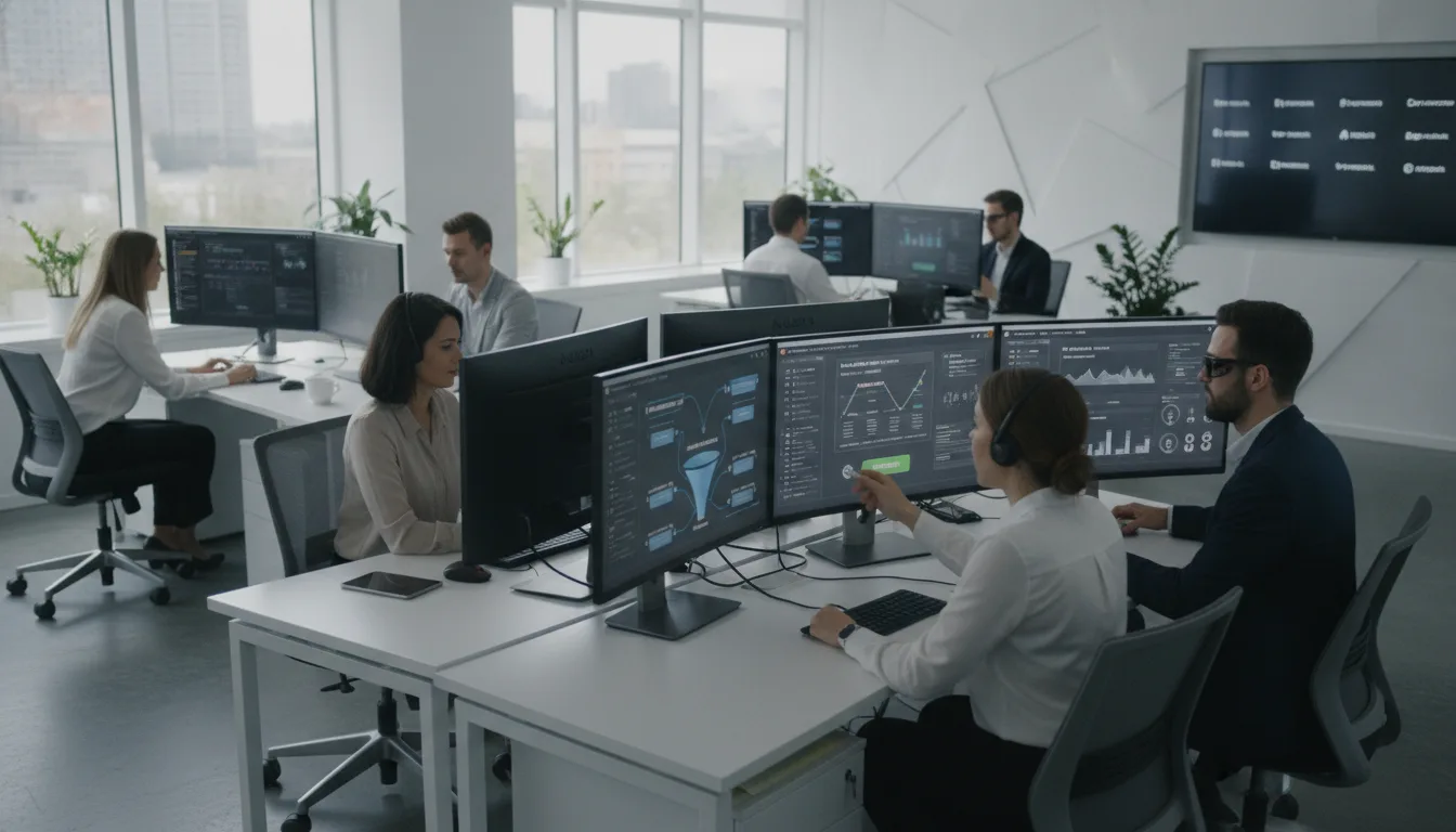 Equipe em escritório usando monitores para automação de marketing | Imagine Company - Agência de Marketing e Vendas em Goiânia - GO - BRASIL