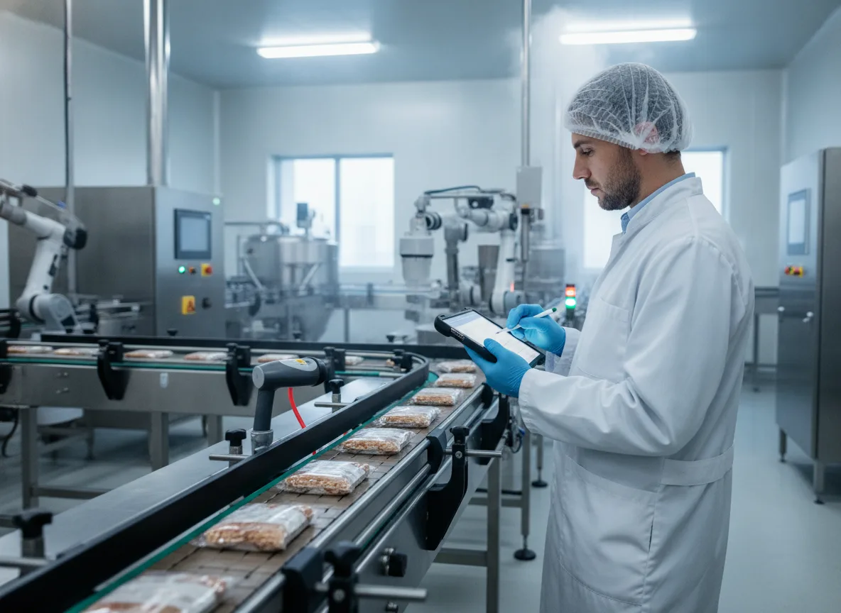 Homem com tablet inspeciona linha de produção automatizada de alimentos | Imagine Company - Agência de Marketing e Vendas em Goiânia - GO - BRASIL