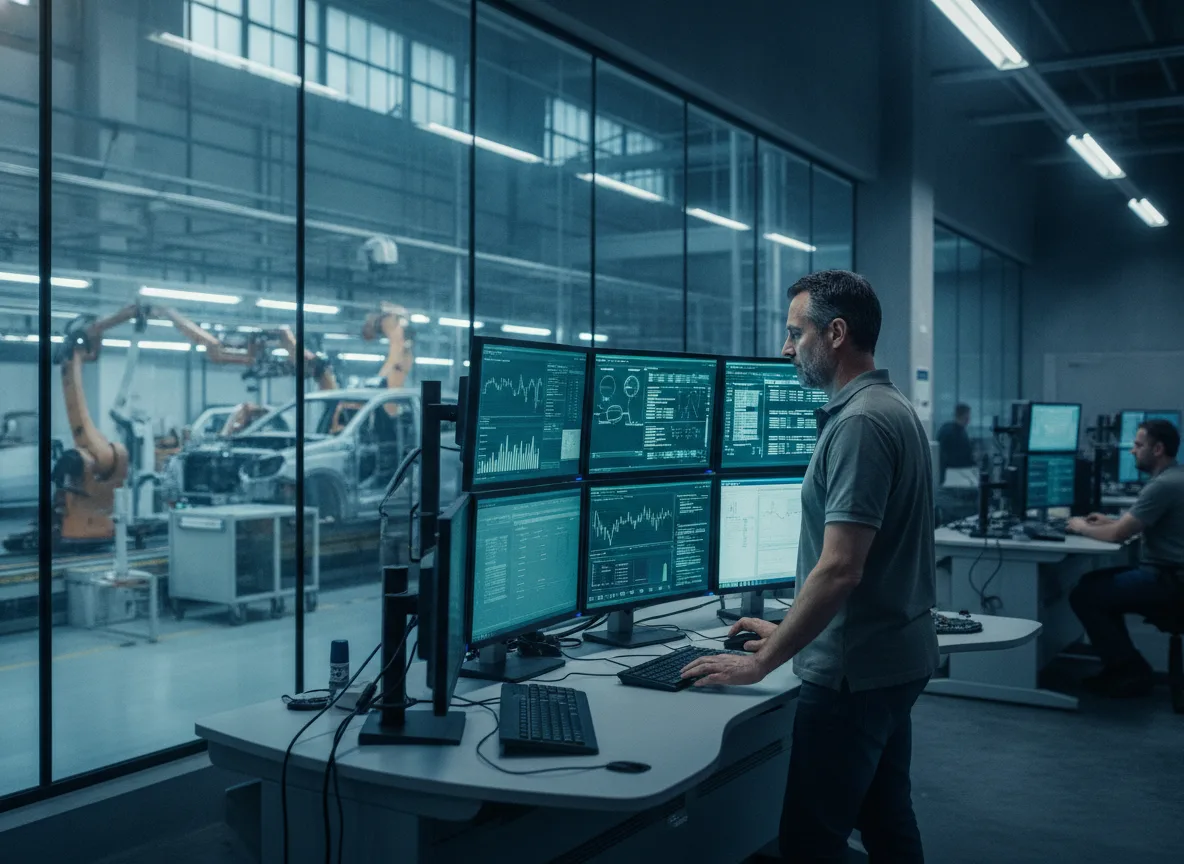 Homem operando múltiplos monitores em fábrica com robôs automotivos ao fundo. | Imagine Company - Agência de Marketing e Vendas em Goiânia - GO - BRASIL