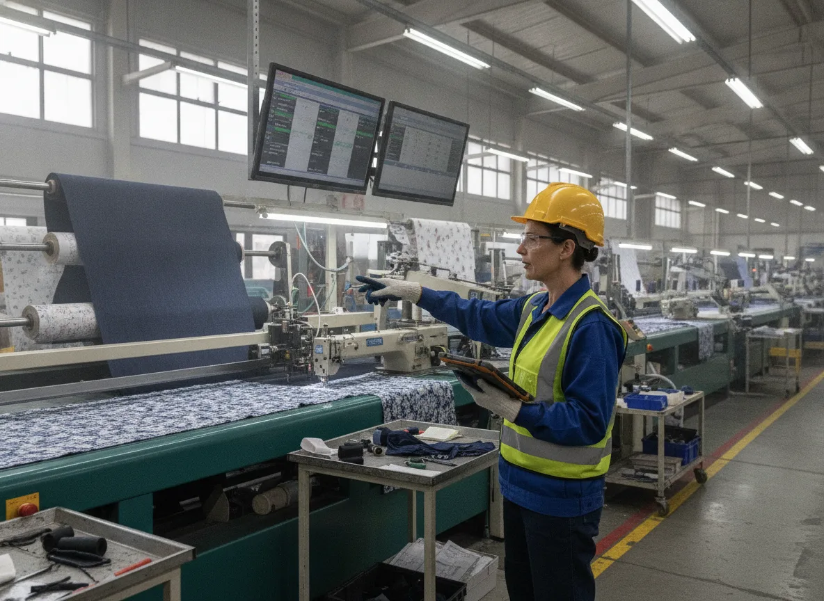 Operário com capacete e colete opera máquina têxtil automatizada em fábrica | Imagine Company - Agência de Marketing e Vendas em Goiânia - GO - BRASIL