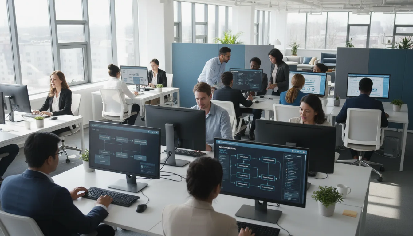 Pessoas em um escritório moderno usando computadores para automação de processos comerciais | Imagine Company - Agência de Marketing e Vendas em Goiânia - GO - BRASIL