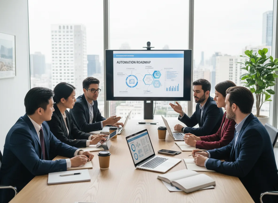 Grupo de pessoas em reunião com gráficos de automação no escritório | Imagine Company - Agência de Marketing e Vendas em Goiânia - GO - BRASIL