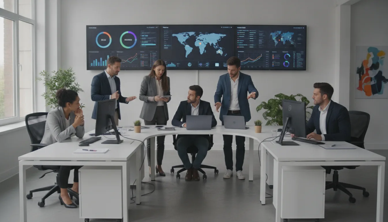 Profissionais analisam dados de tráfego pago em monitores e laptops em escritório moderno | Imagine Company - Agência de Marketing e Vendas em Goiânia - GO - BRASIL