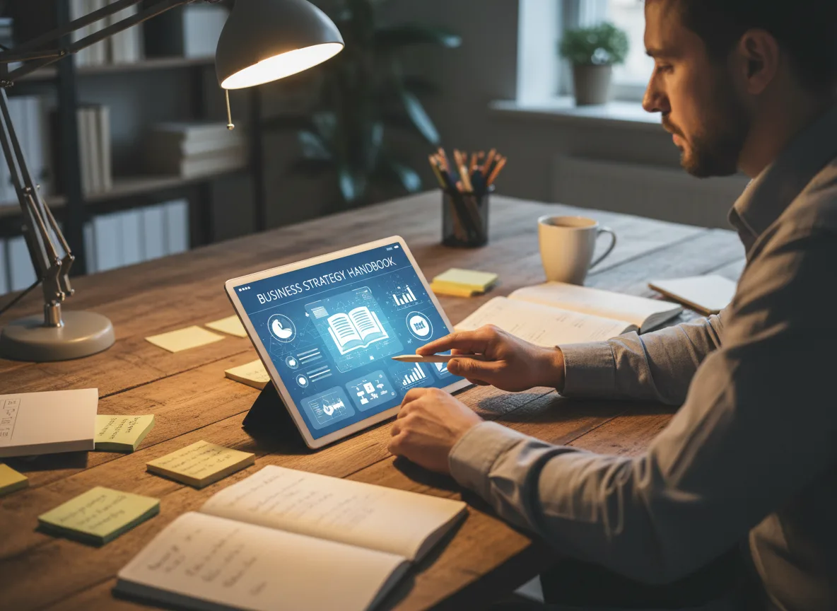 Homem interagindo com livro de negócios em tablet, destacando IA. | Imagine Company - Agência de Marketing e Vendas em Goiânia - GO - BRASIL