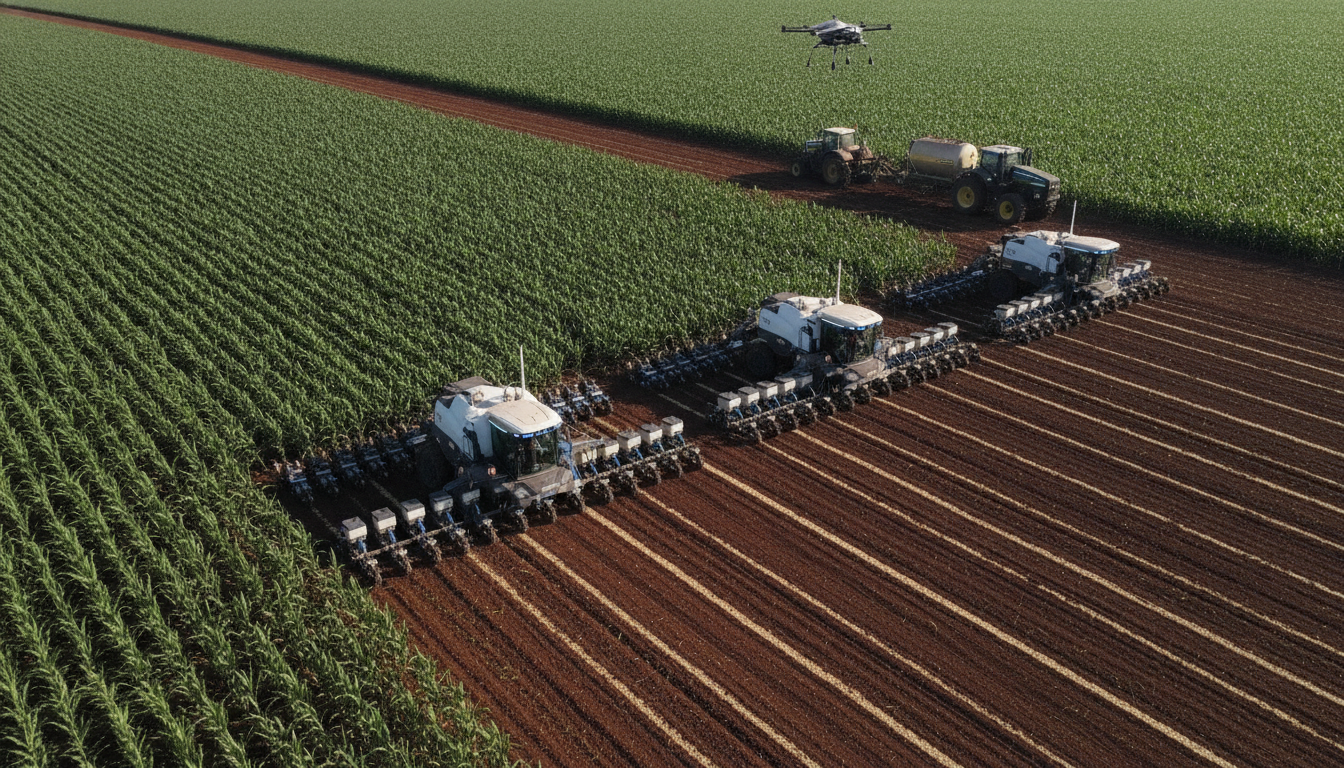 Máquinas agrícolas e drone em campo de milho, simbolizando avanços tecnológicos no plantio | Imagine Company - Agência de Marketing e Vendas em Goiânia - GO - BRASIL