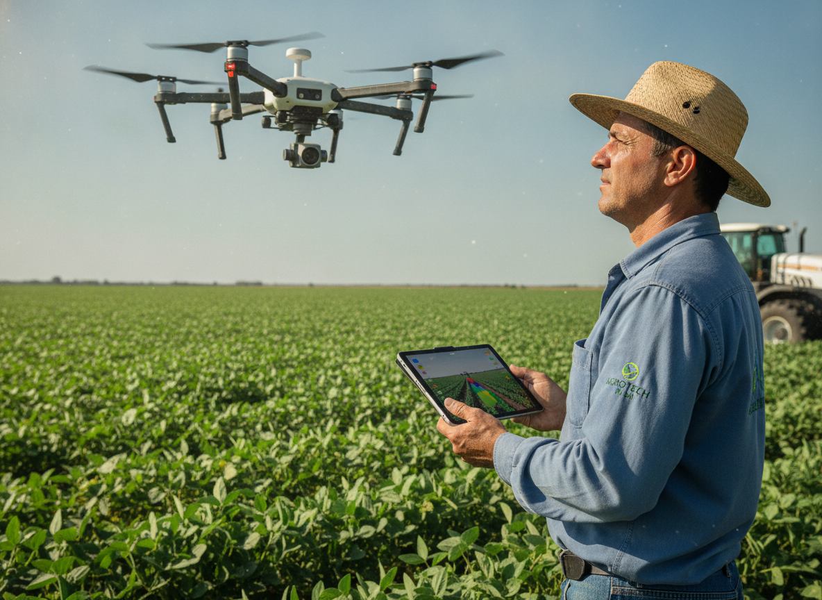 Agricultor com tablet observa drone sobre plantação de milho | Imagine Company - Agência de Marketing e Vendas em Goiânia - GO - BRASIL