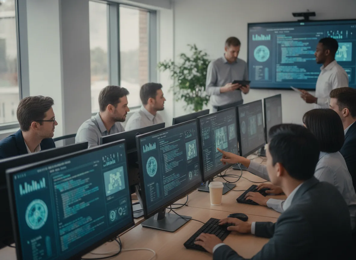Funcionários da B3 em treinamento com computadores e gráficos na tela | Imagine Company - Agência de Marketing e Vendas em Goiânia - GO - BRASIL