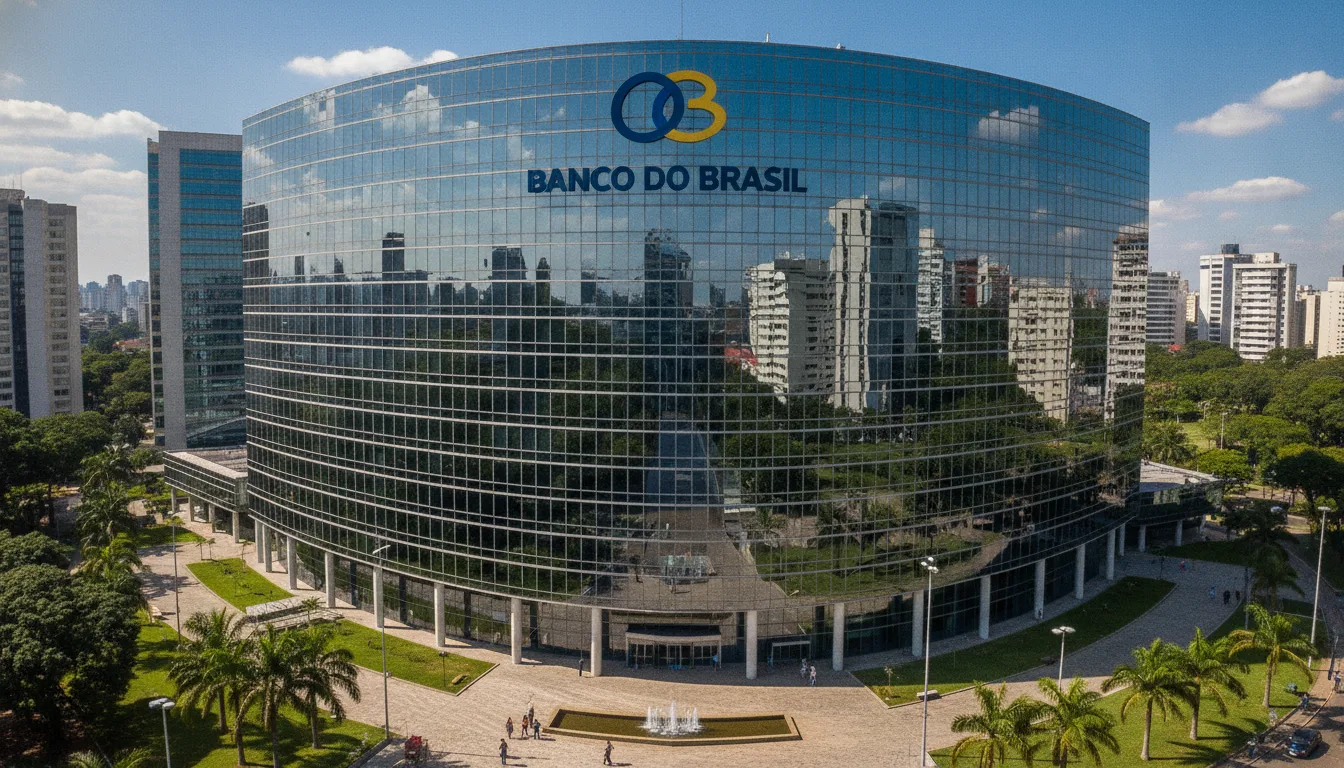 Prédio espelhado do Banco do Brasil com céu azul e árvores ao redor | Imagine Company - Agência de Marketing e Vendas em Goiânia - GO - BRASIL