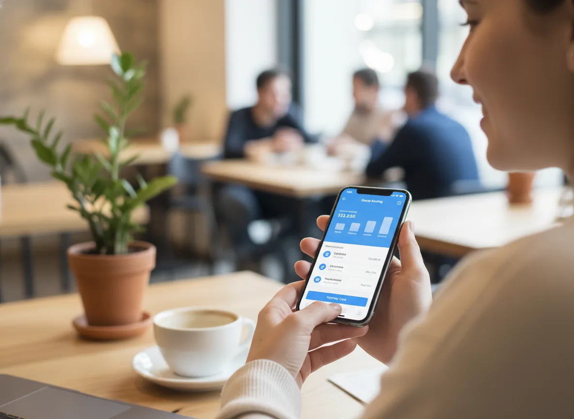 Pessoa em café usando smartphone com app de banco digital | Imagine Company - Agência de Marketing e Vendas em Goiânia - GO - BRASIL
