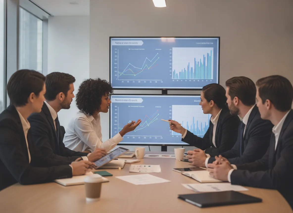 Grupo de executivos analisando gráficos econômicos em reunião | Imagine Company - Agência de Marketing e Vendas em Goiânia - GO - BRASIL
