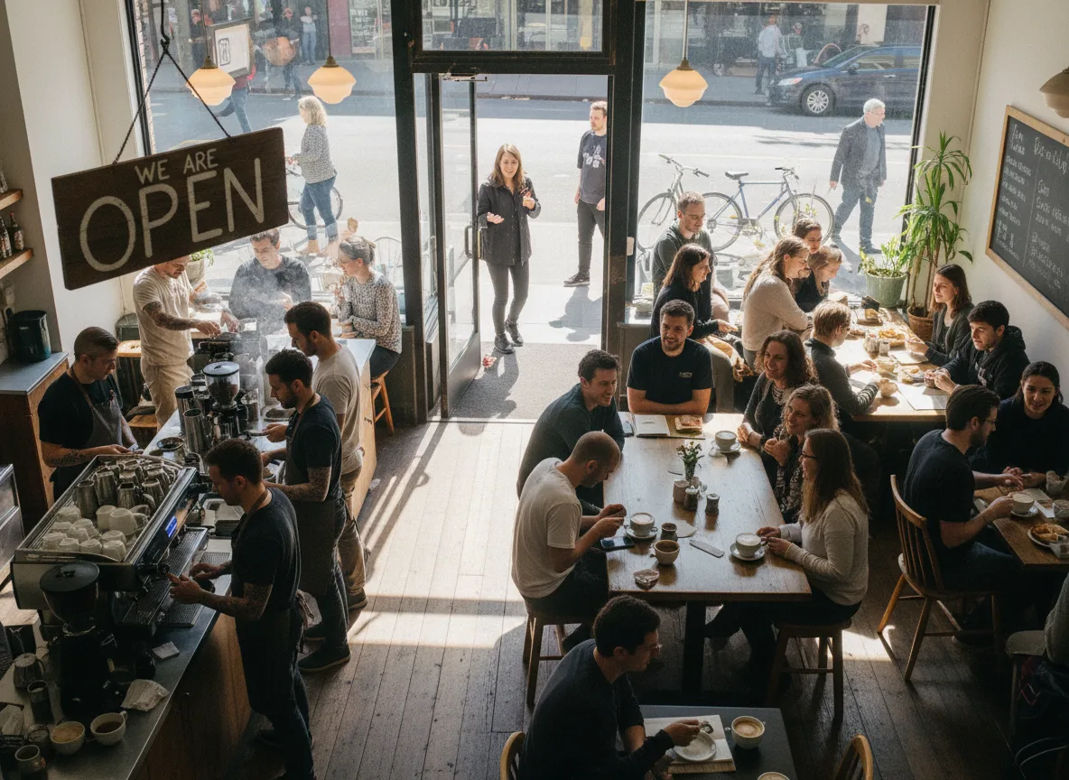 Interior de café movimentado com clientes sentados e conversando | Imagine Company - Agência de Marketing e Vendas em Goiânia - GO - BRASIL