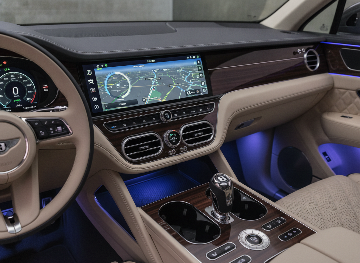 Interior luxuoso do carro elétrico Bentley com painel digital | Imagine Company - Agência de Marketing e Vendas em Goiânia - GO - BRASIL