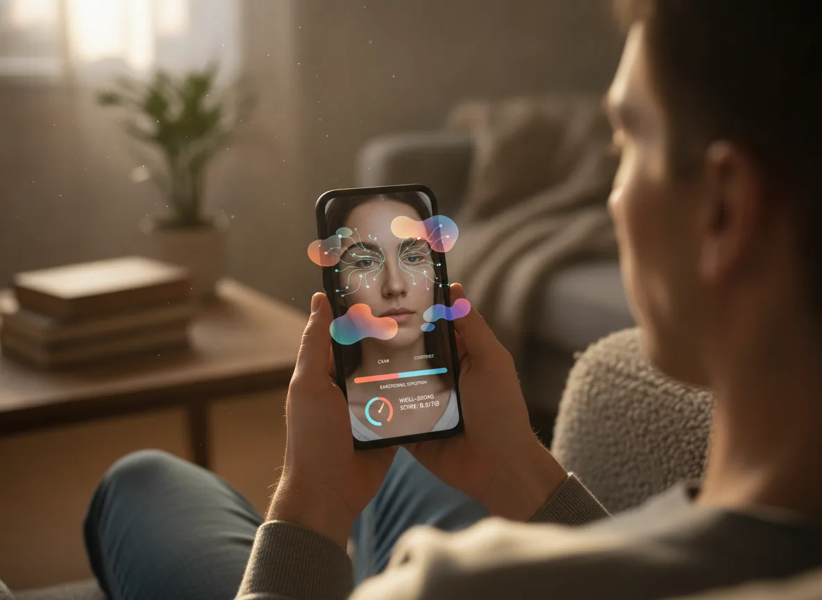 Homem segurando smartphone com interface de dados emocionais | Imagine Company - Agência de Marketing e Vendas em Goiânia - GO - BRASIL